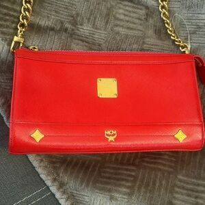 MCM Red Leather Shoulder Bag with Gold-Tone Chain